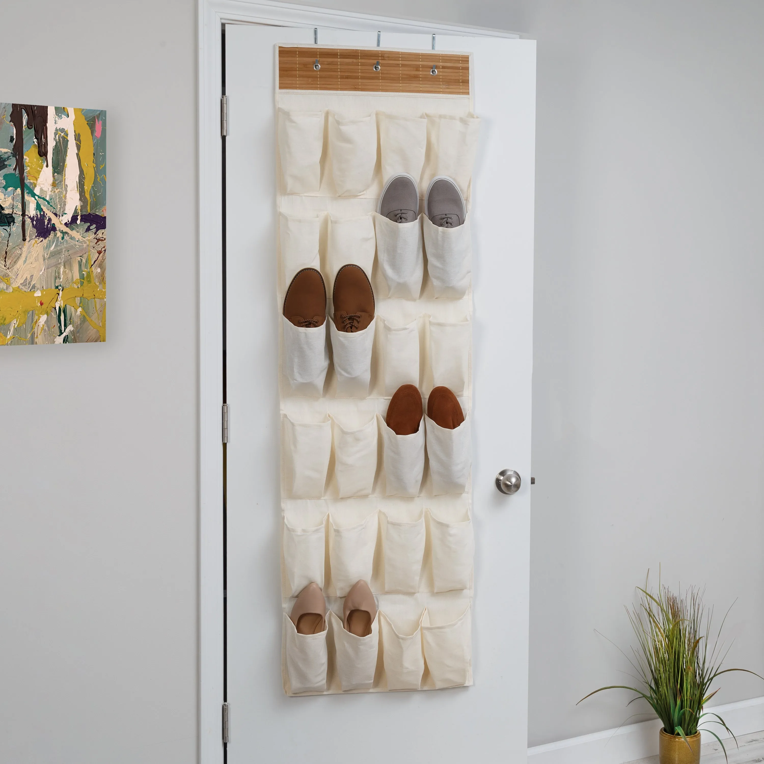 24-Pocket Bamboo Over-The-Door Shoe Organizer - Natural Material