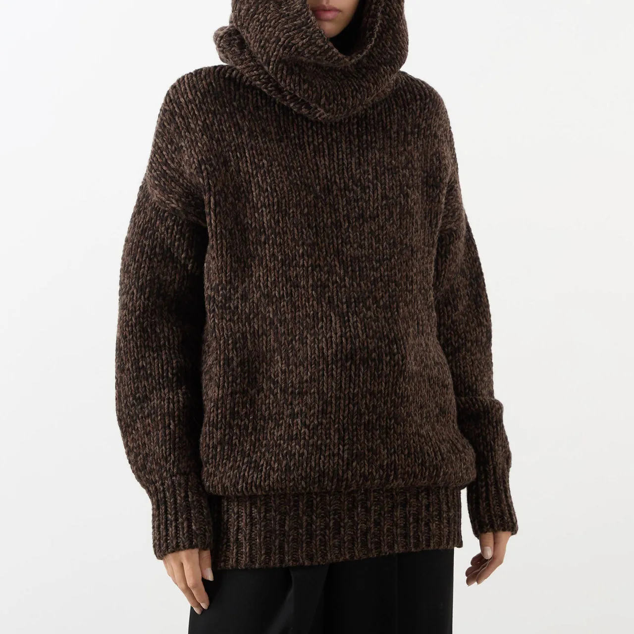 Brown Hooded Chunky Knit Sweater by ALEXANDER MCQUEEN