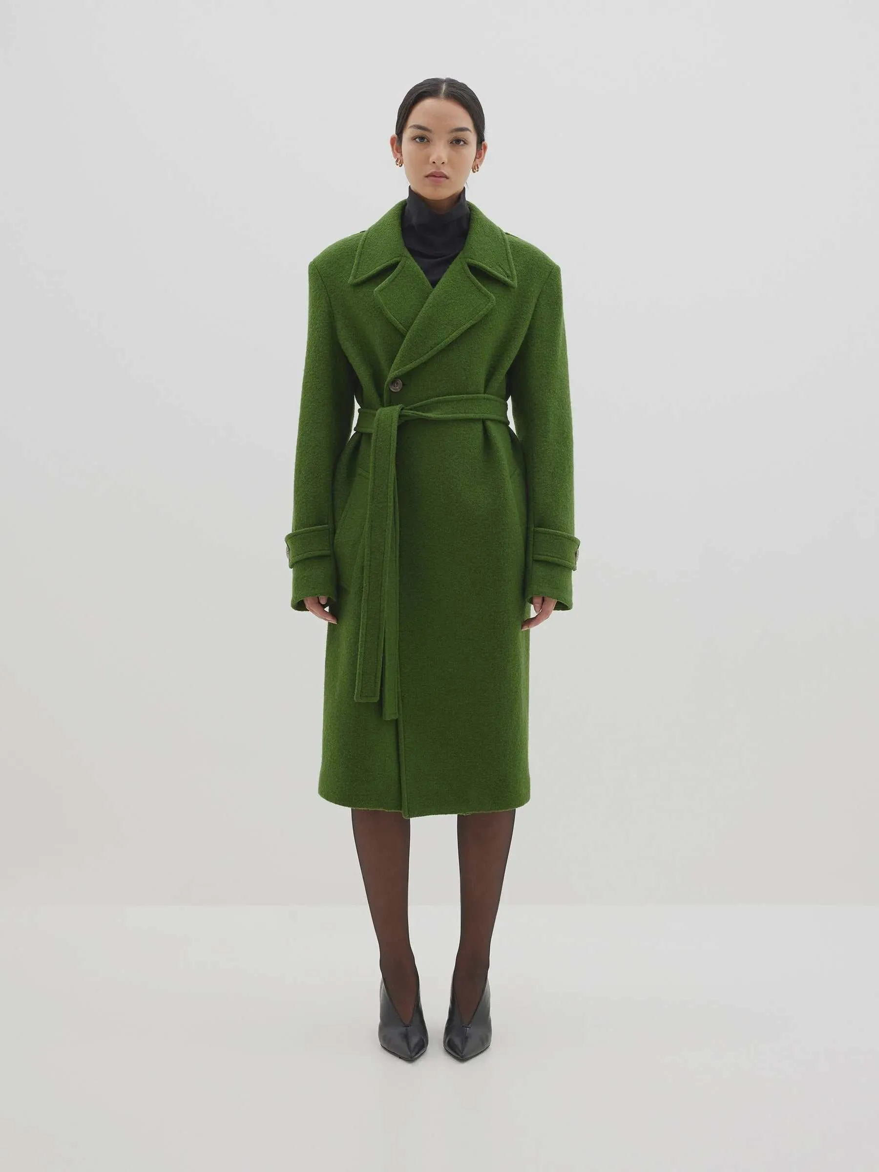 Bassike Boucle Wool Coat Military - Shop Now