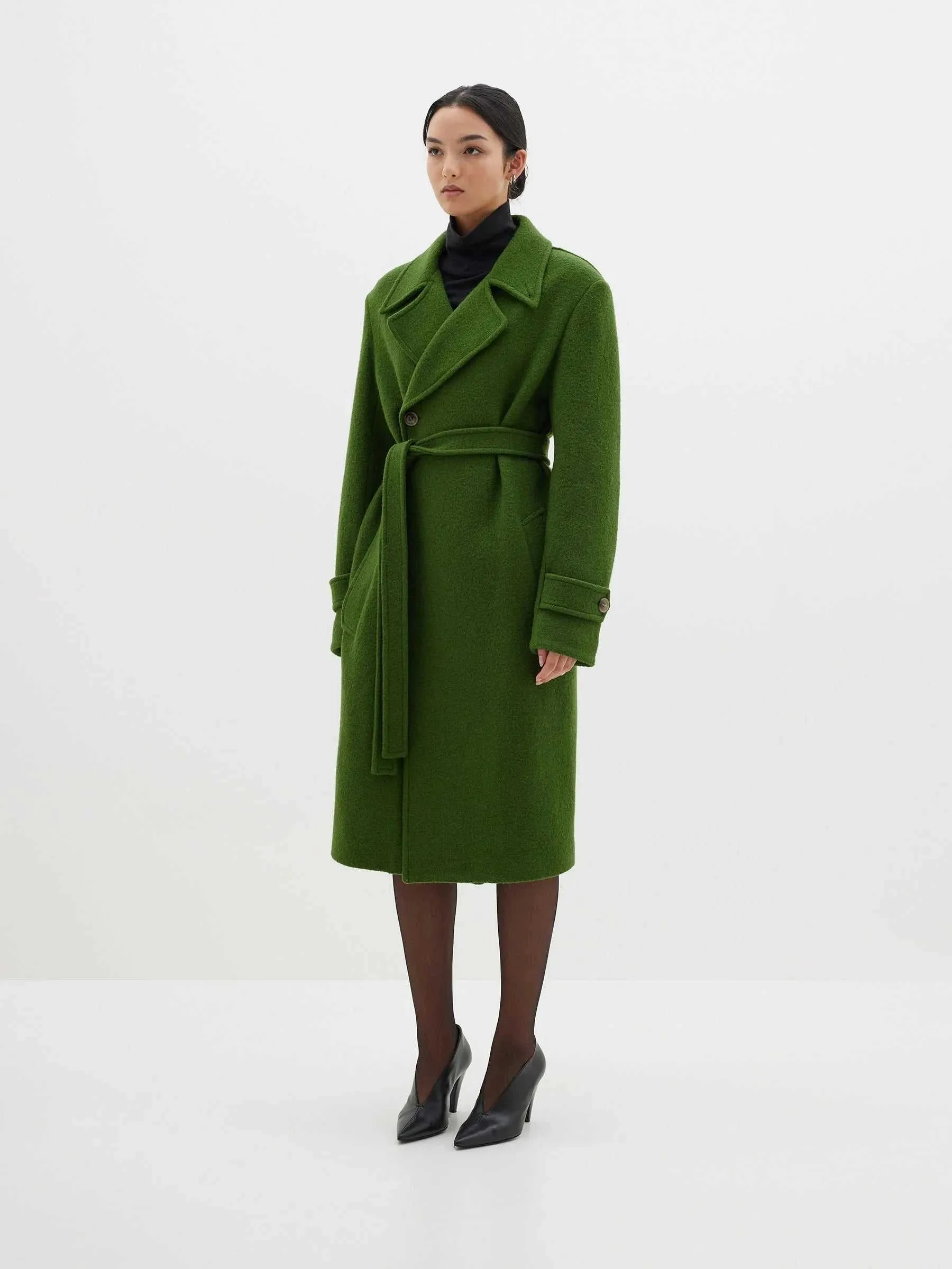 Bassike Boucle Wool Coat Military - Shop Now