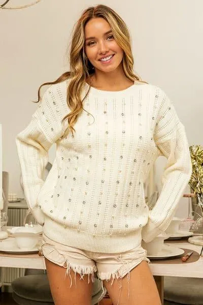 Beaded Pearl and Rhinestone Embellished Sweater with Long Sleeves