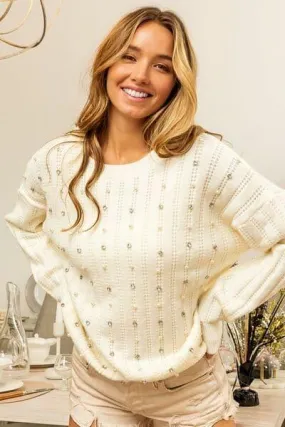 Beaded Pearl and Rhinestone Embellished Sweater with Long Sleeves