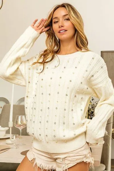 Beaded Pearl and Rhinestone Embellished Sweater with Long Sleeves