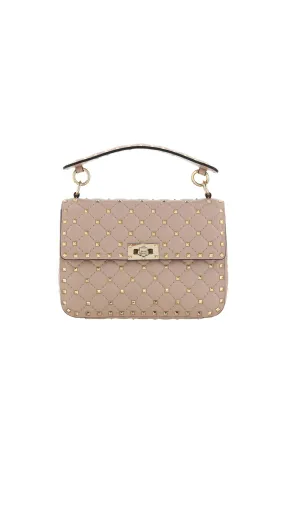 Beige Rockstud Spike Medium Shoulder Bag