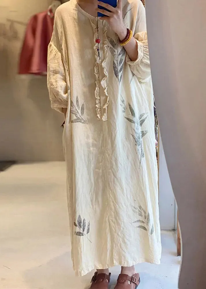 Beige Ruffled Print Long Dress with Pockets in Cotton for Spring CG1010