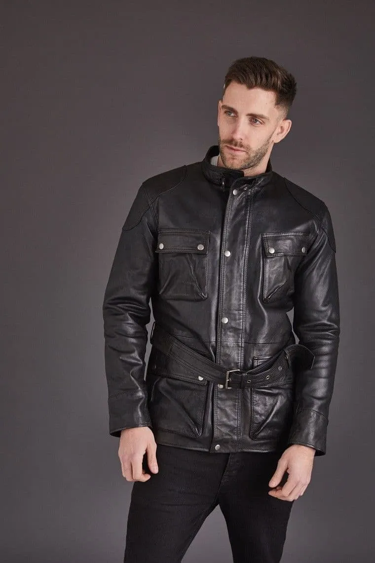 Black Men's Leather Coat with Belt