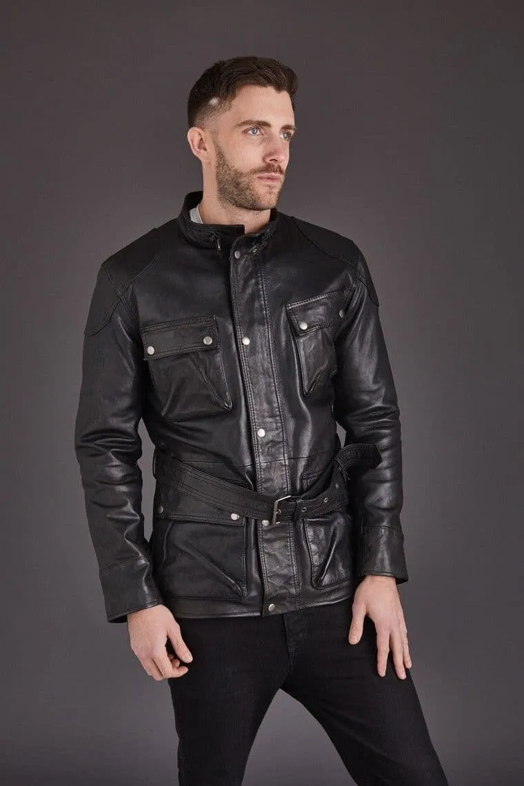 Black Men's Leather Coat with Belt