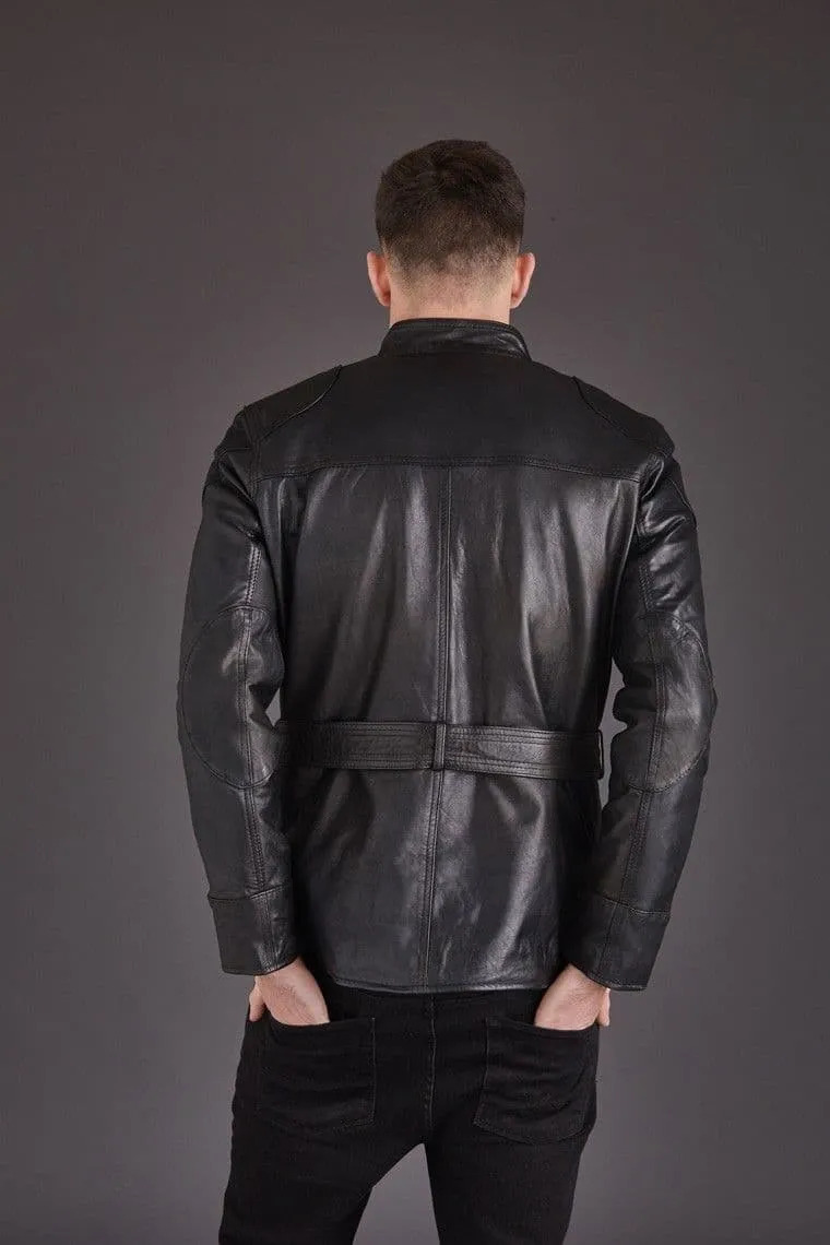 Black Men's Leather Coat with Belt