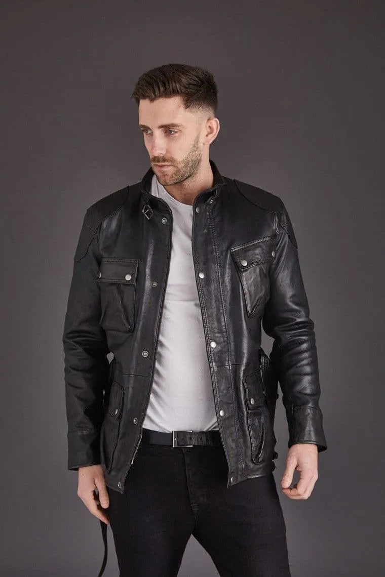 Black Men's Leather Coat with Belt