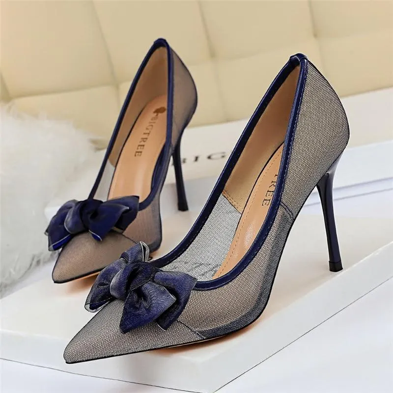 Blue Black Women’s Mesh Butterfly Knot High Heel Stiletto Pumps