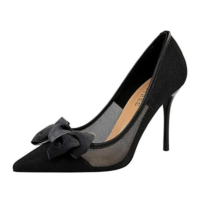 Blue Black Women’s Mesh Butterfly Knot High Heel Stiletto Pumps