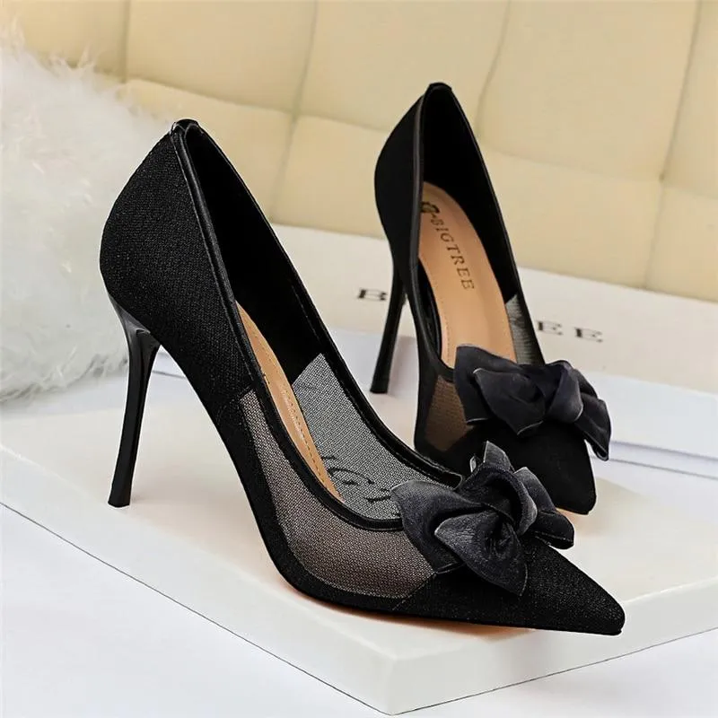 Blue Black Women’s Mesh Butterfly Knot High Heel Stiletto Pumps