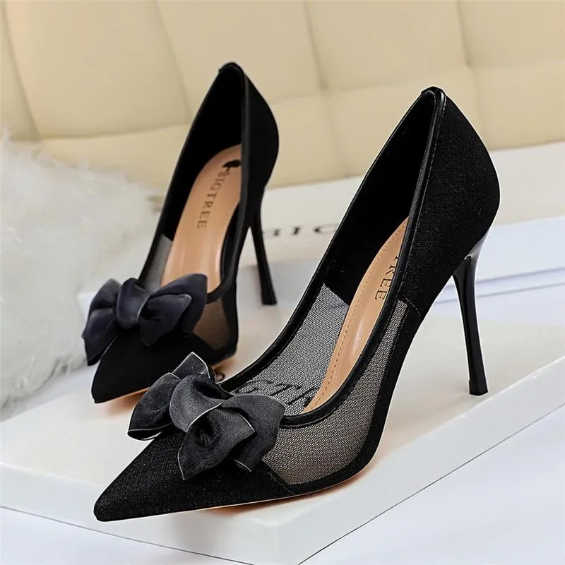 Blue Black Women’s Mesh Butterfly Knot High Heel Stiletto Pumps