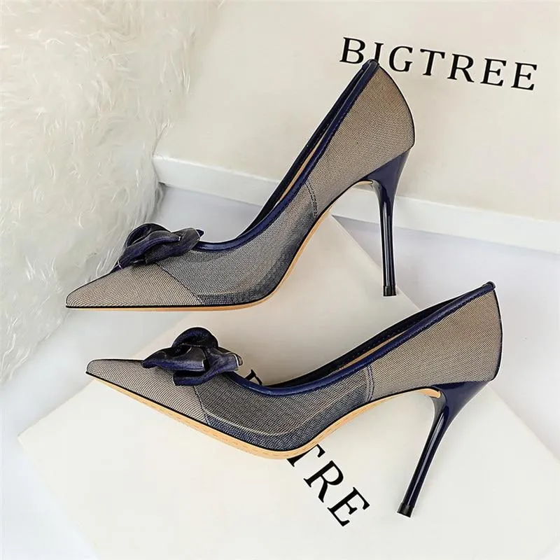 Blue Black Women’s Mesh Butterfly Knot High Heel Stiletto Pumps