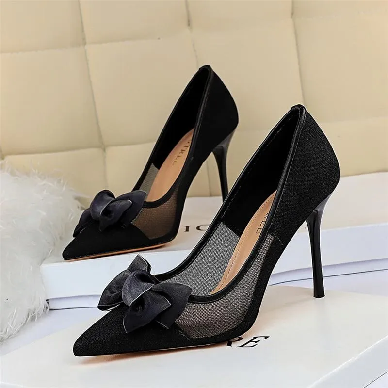 Blue Black Women’s Mesh Butterfly Knot High Heel Stiletto Pumps