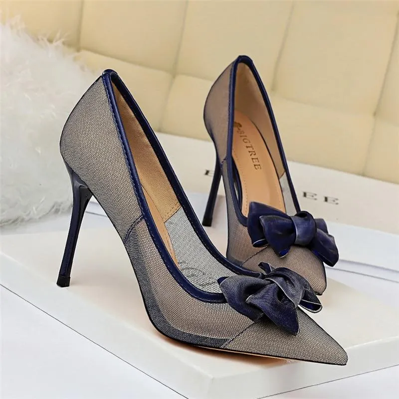 Blue Black Women’s Mesh Butterfly Knot High Heel Stiletto Pumps