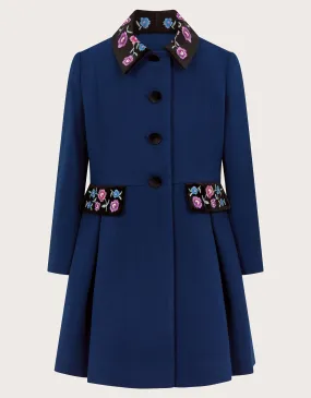 Blue Floral Embroidered Coat Dress