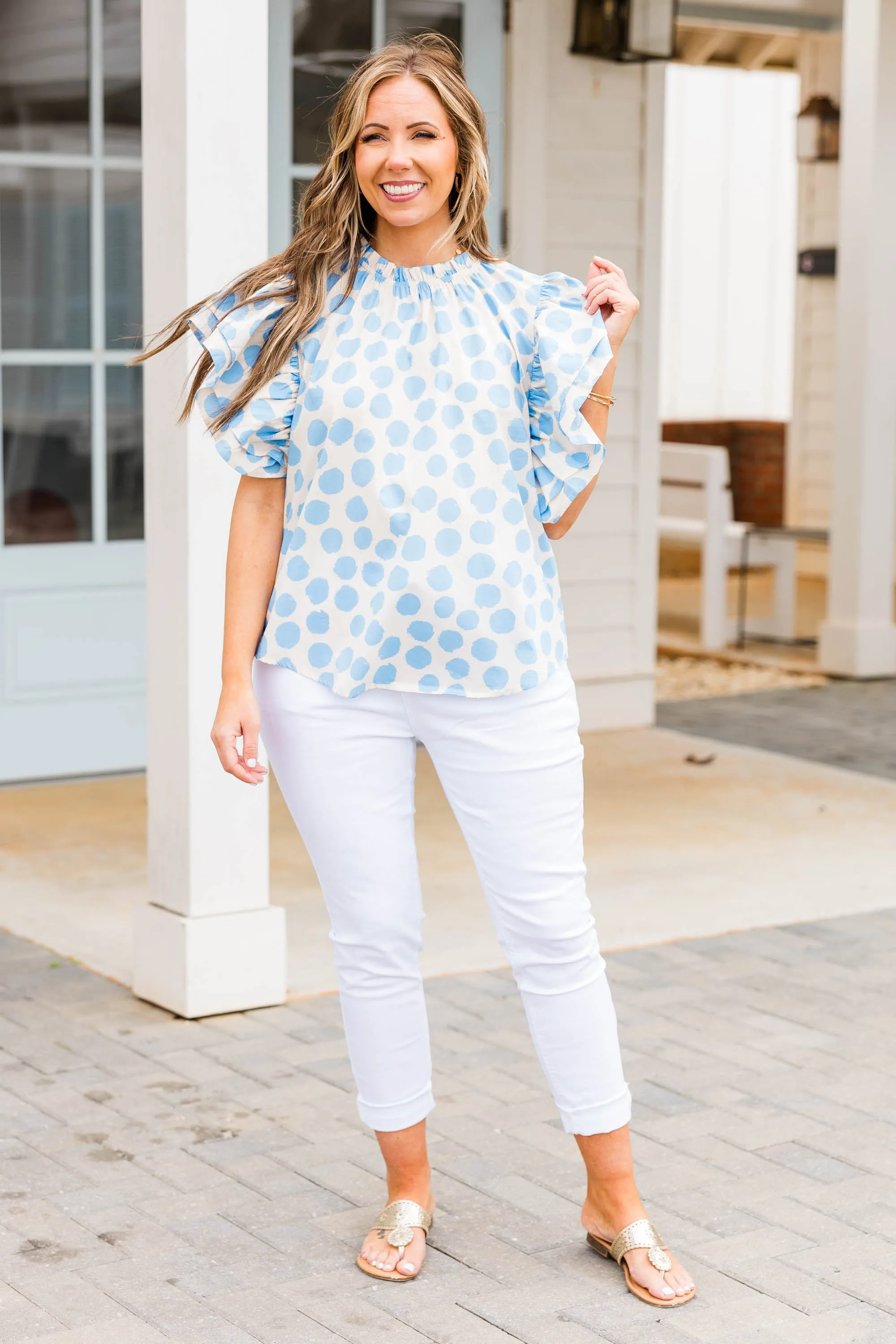 Blue Top with Polka Dot Design on I's