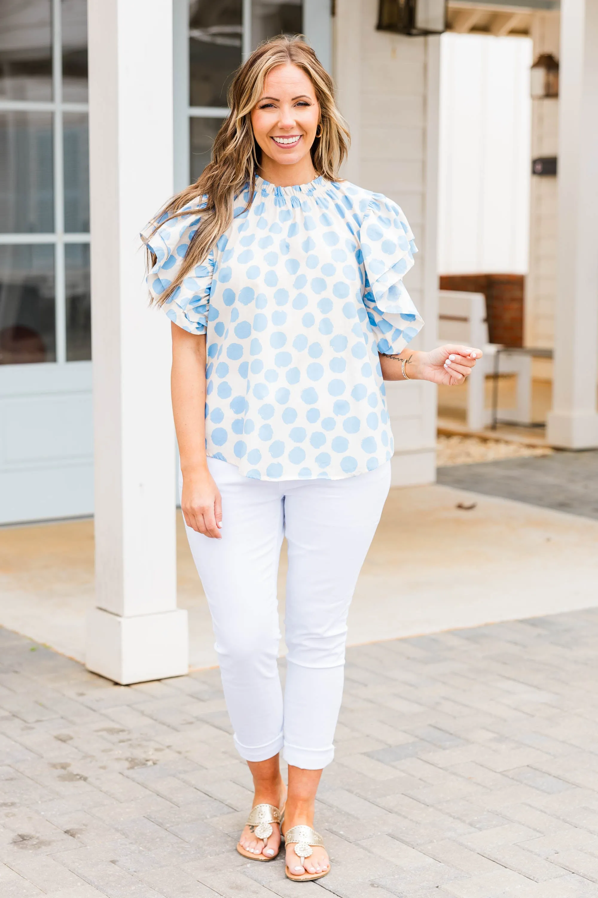 Blue Top with Polka Dot Design on I's