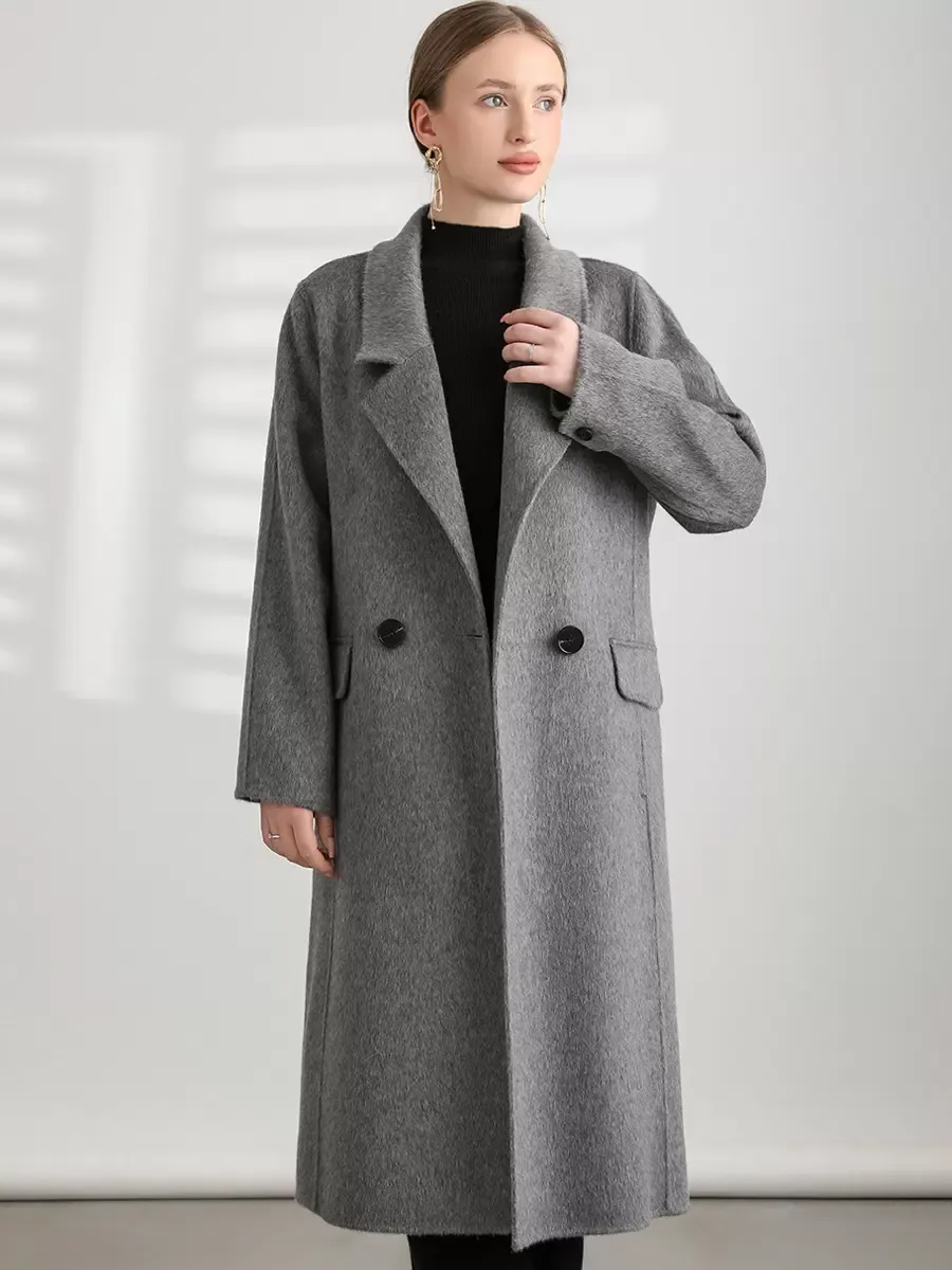 Brown Woolen Coat with Turndown Collar, Long Sleeves, and Sash.