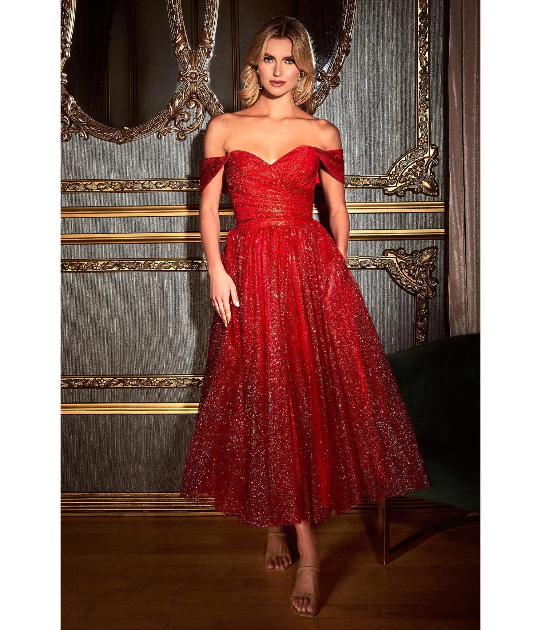 Red Glitter Off The Shoulder Tea Length Dress by Cinderella Divine