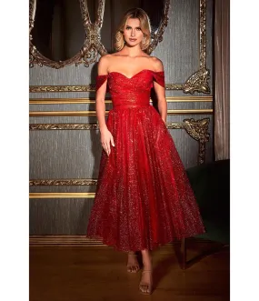 Red Glitter Off The Shoulder Tea Length Dress by Cinderella Divine