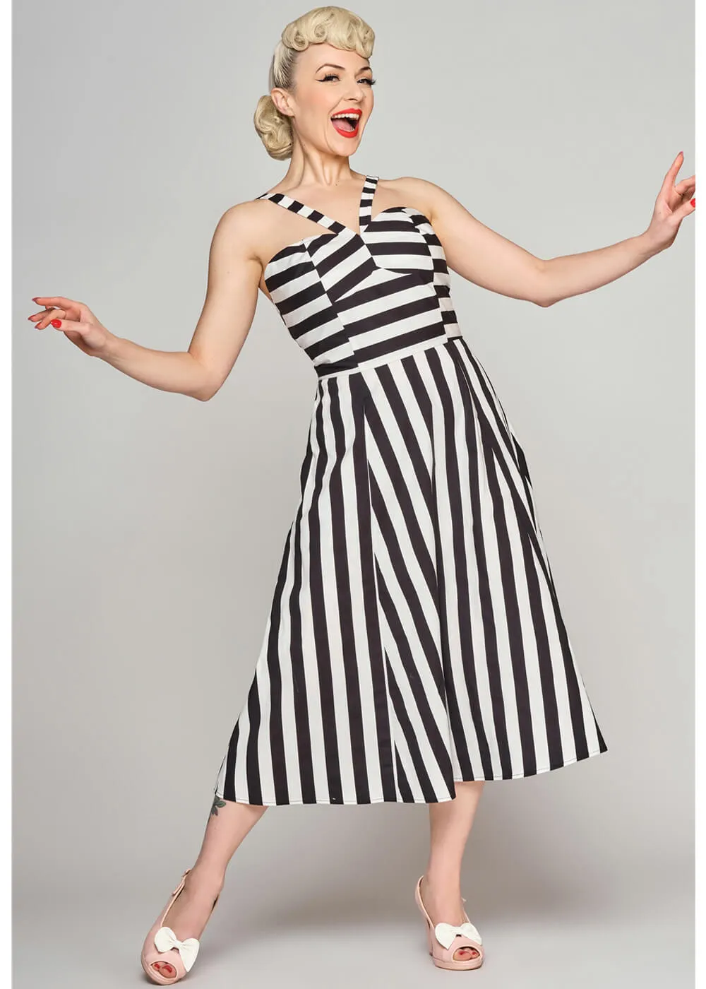 Collectif Emma Contrast Stripe 50s Swing Dress Black White