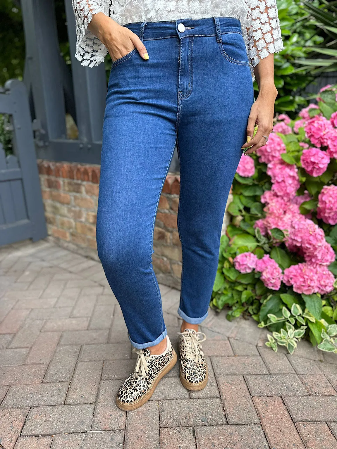 Denim Straight Leg Jeans with Cuffed Hem