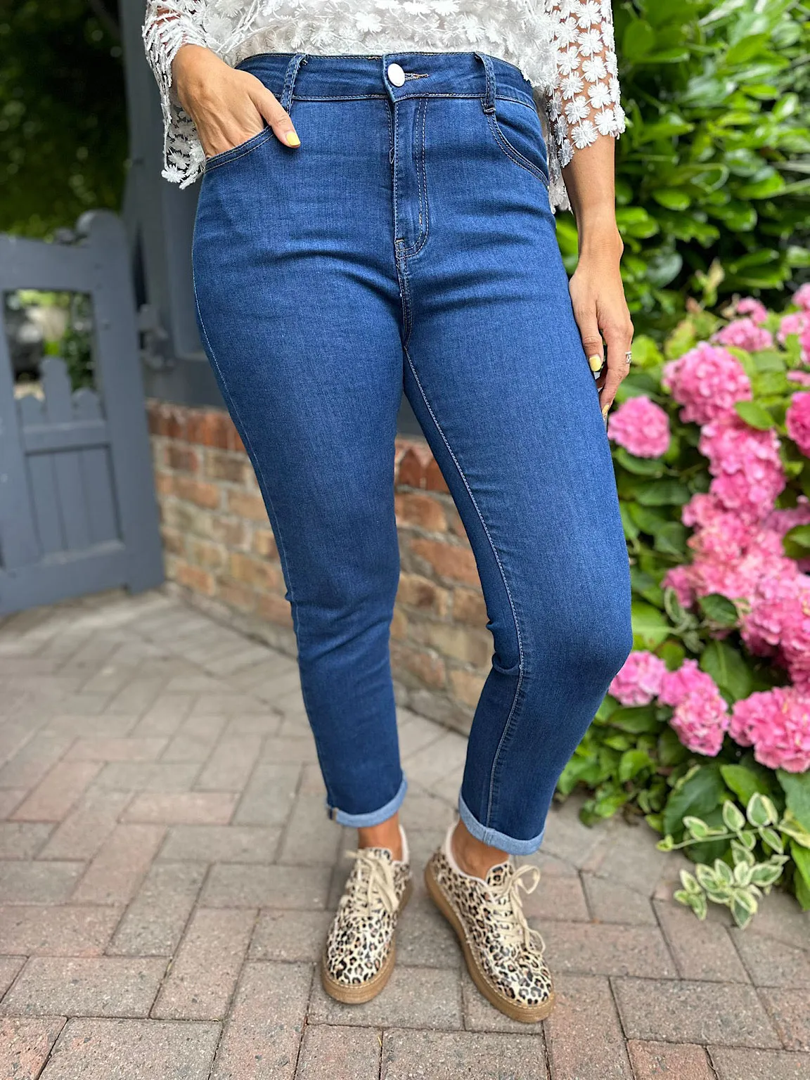 Denim Straight Leg Jeans with Cuffed Hem