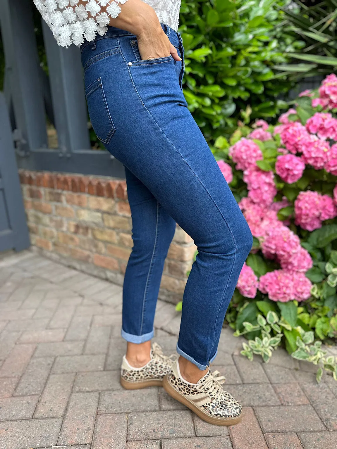 Denim Straight Leg Jeans with Cuffed Hem