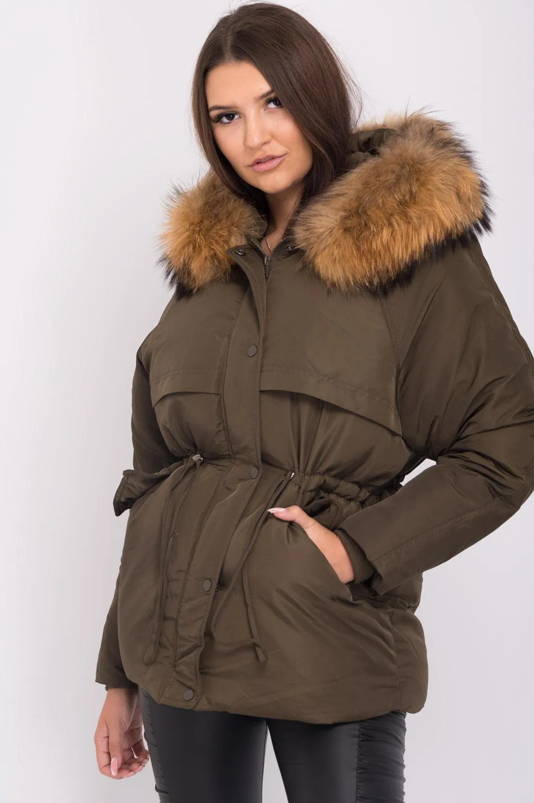 Drawstring Coat with Luxury Fur and Padded Stopper in Khaki