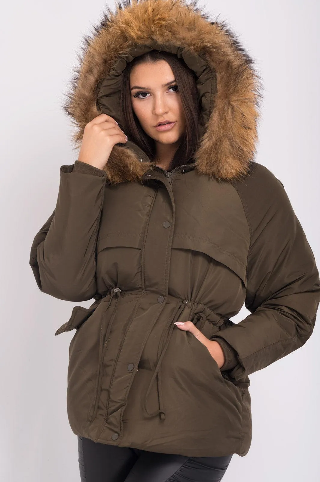 Drawstring Coat with Luxury Fur and Padded Stopper in Khaki