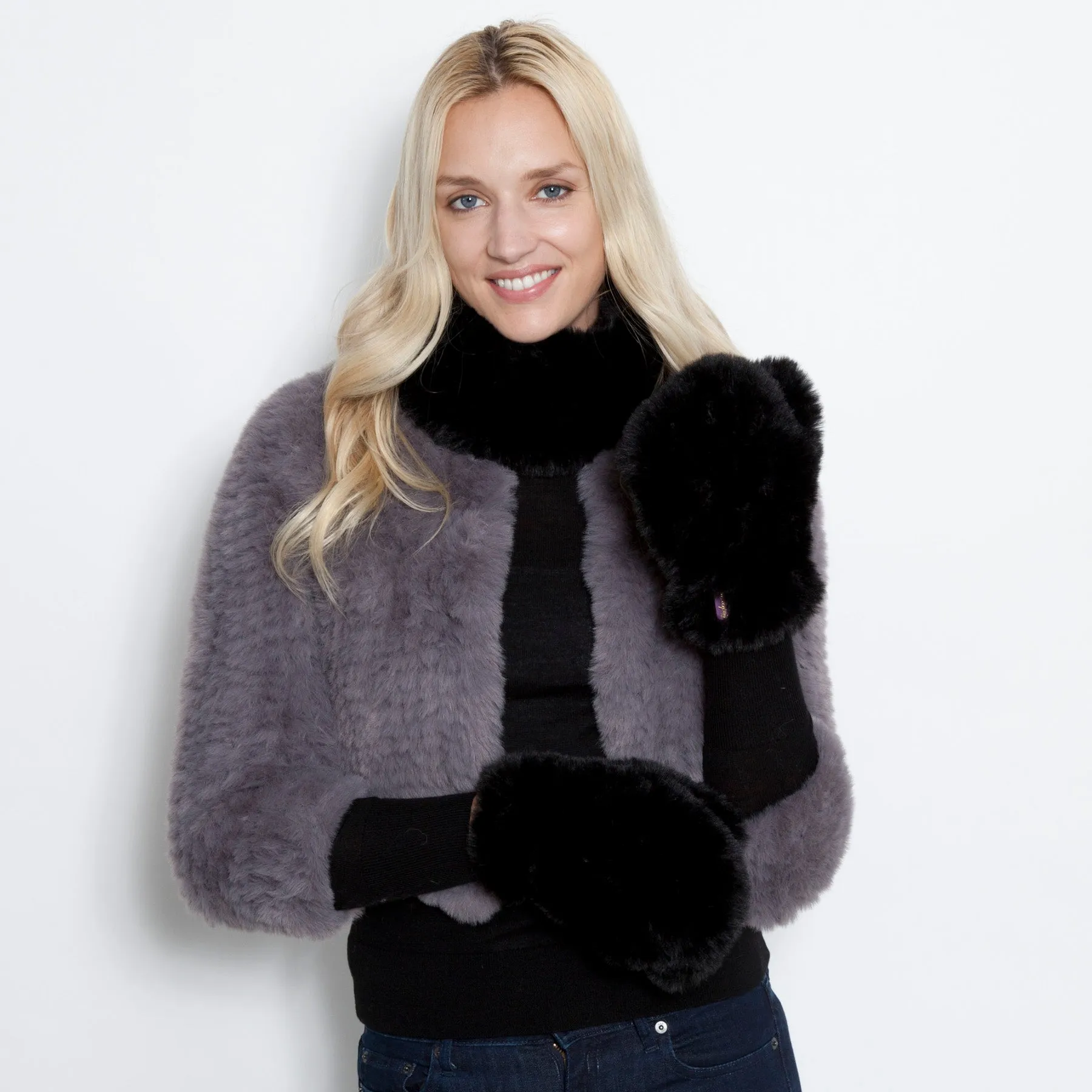 Faux Fur Mittens with Signature Knitted Design.