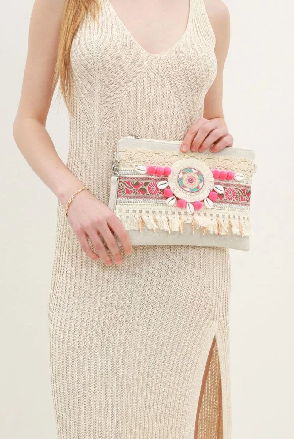 Fuchsia Boho Tassel Clutch Bag