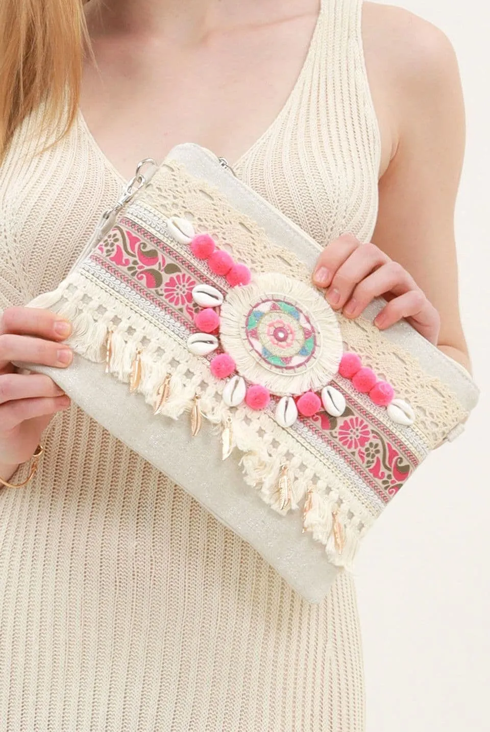 Fuchsia Boho Tassel Clutch Bag