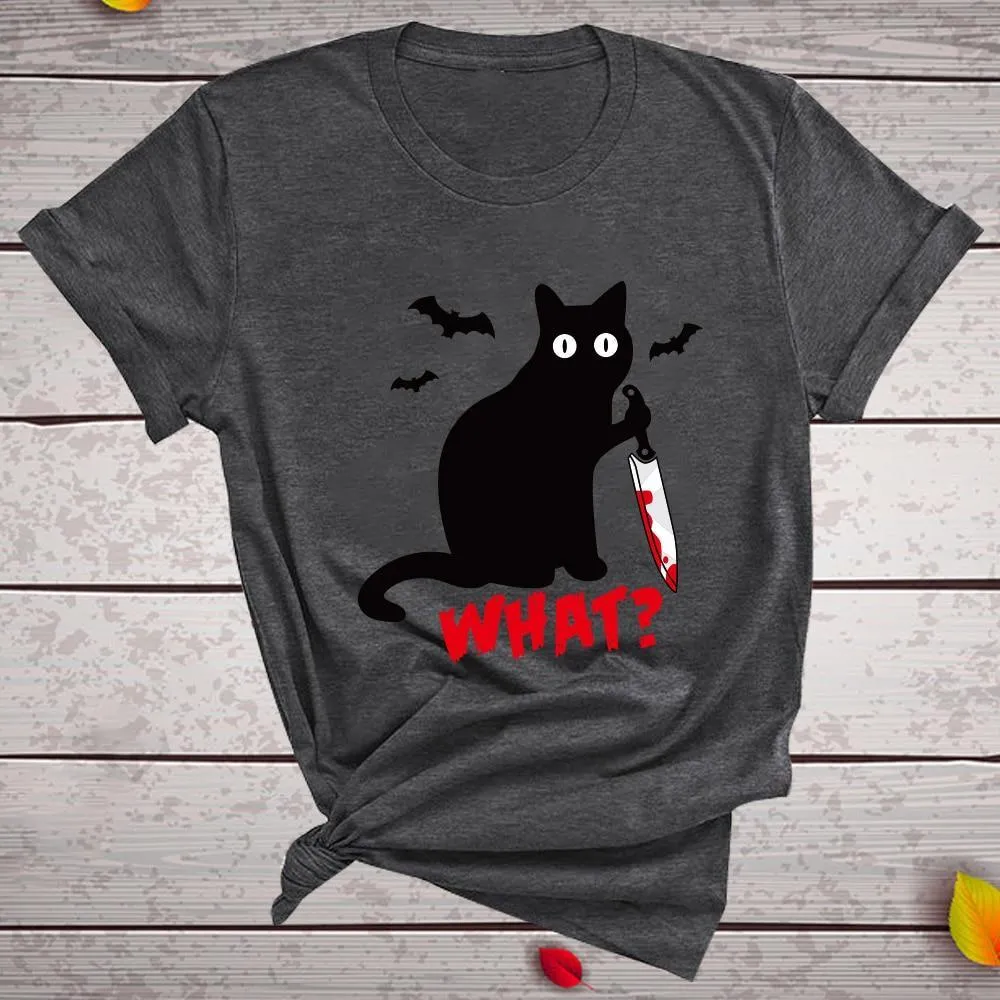 Funny Women's Black Cat with Knife T-shirt - Murderous Cat Design