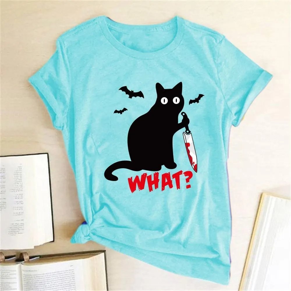 Funny Women's Black Cat with Knife T-shirt - Murderous Cat Design