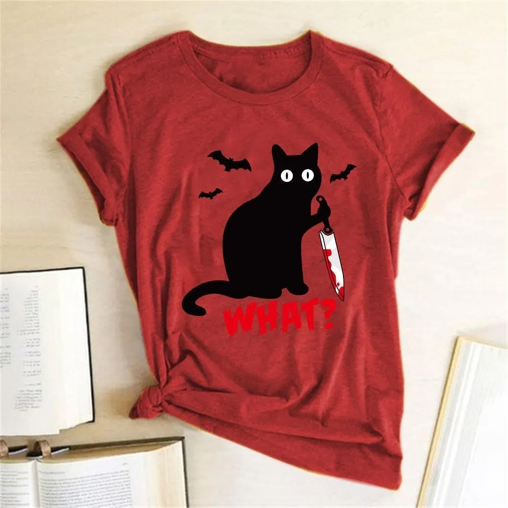 Funny Women's Black Cat with Knife T-shirt - Murderous Cat Design