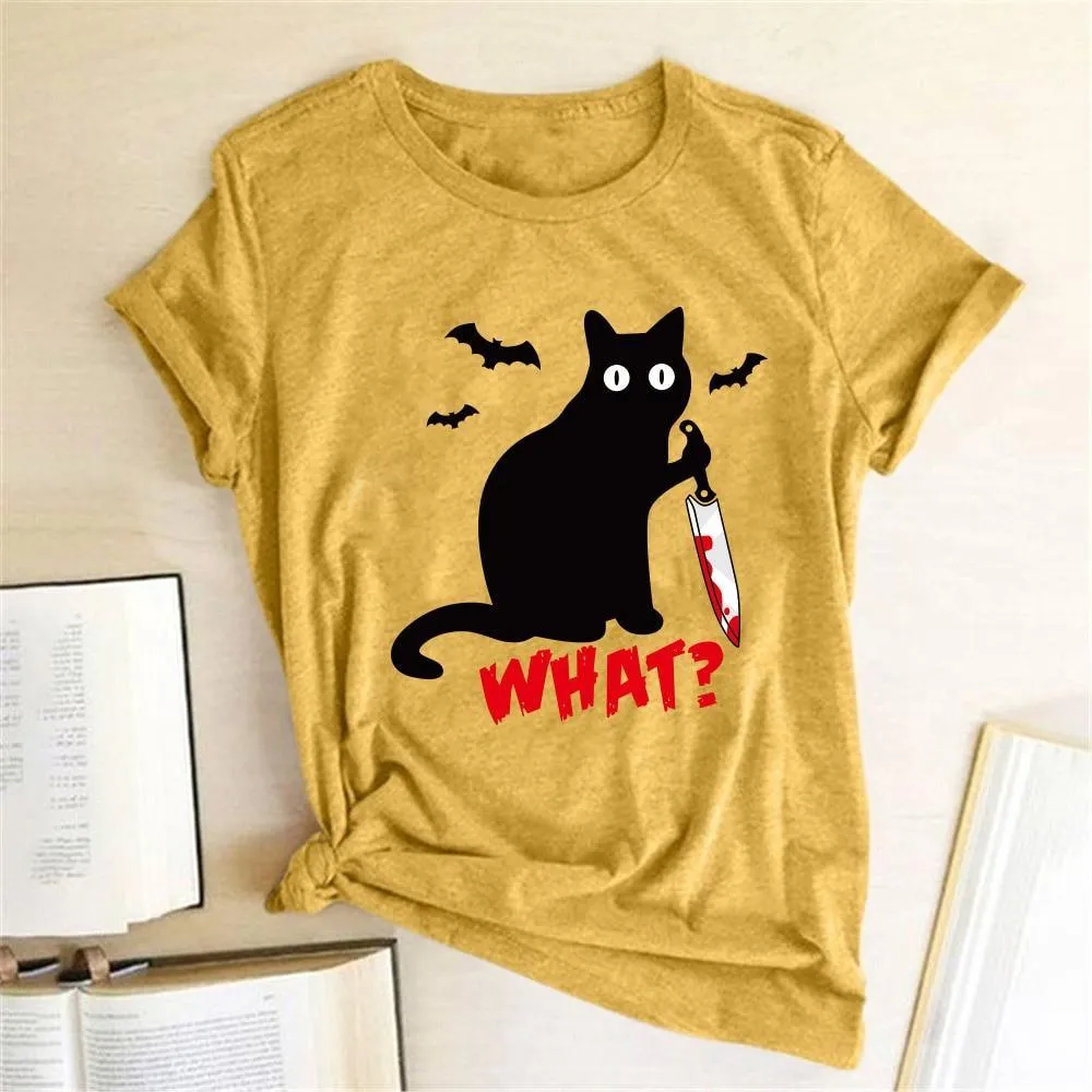 Funny Women's Black Cat with Knife T-shirt - Murderous Cat Design