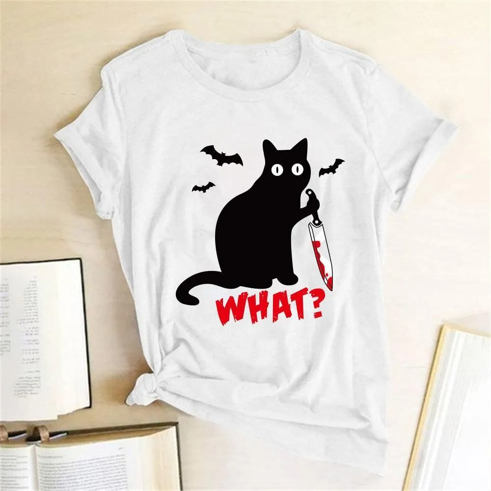 Funny Women's Black Cat with Knife T-shirt - Murderous Cat Design