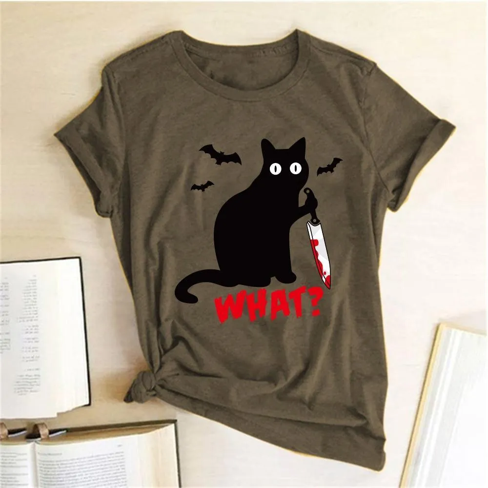 Funny Women's Black Cat with Knife T-shirt - Murderous Cat Design