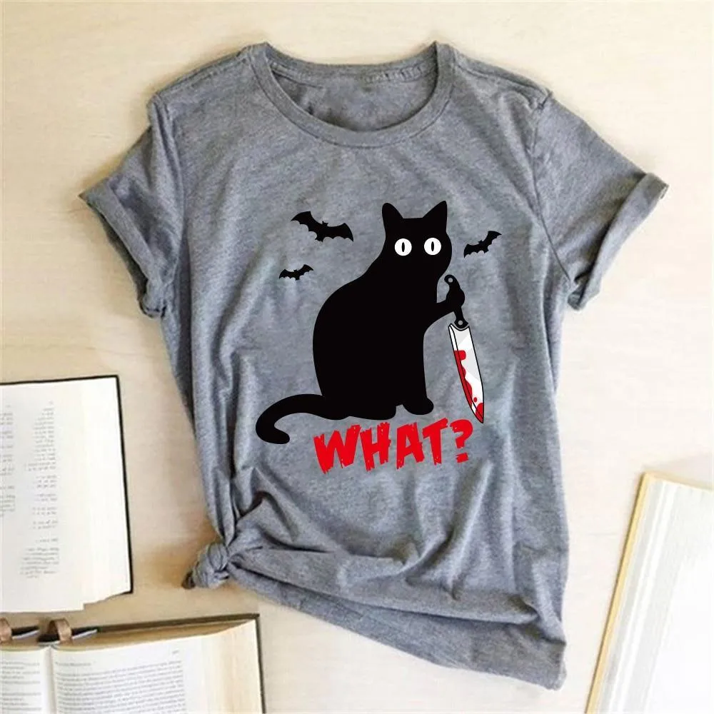 Funny Women's Black Cat with Knife T-shirt - Murderous Cat Design