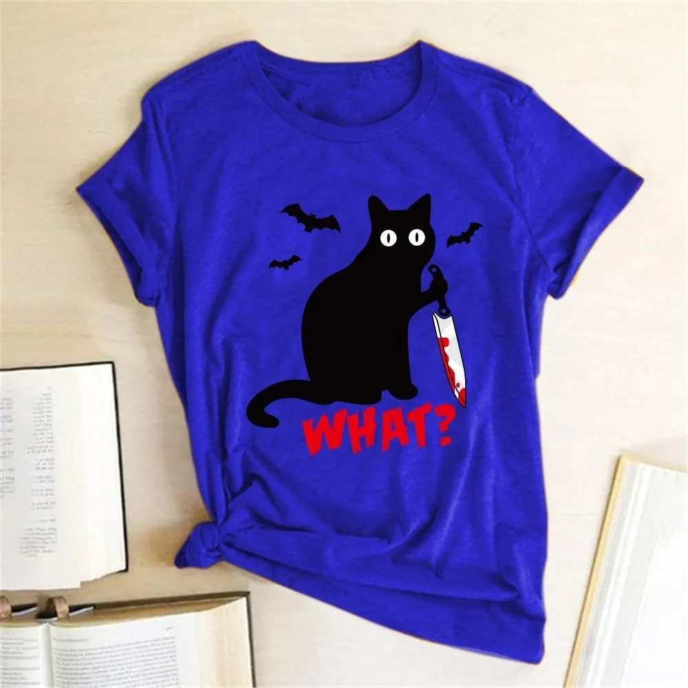 Funny Women's Black Cat with Knife T-shirt - Murderous Cat Design