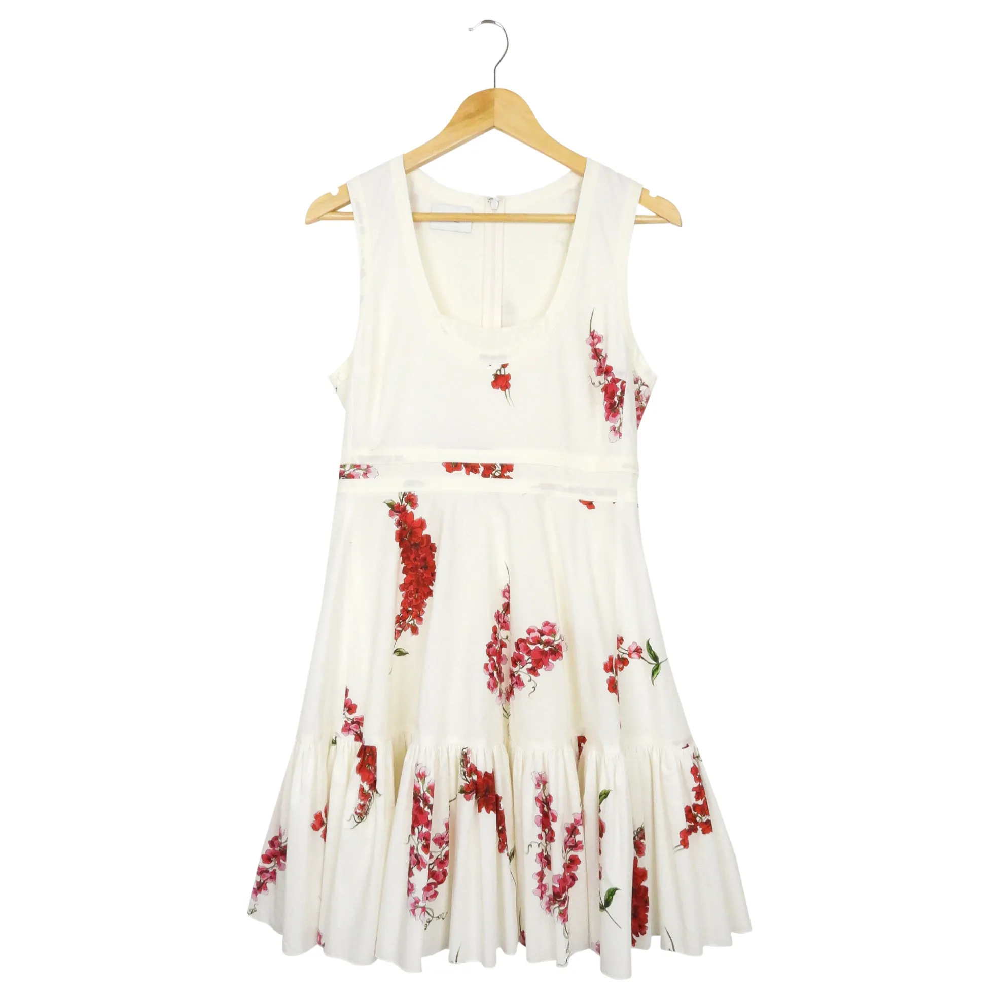 Giambattista Valli 42 Ivory and Red Floral Silk Tank Sleeve Midi Dress