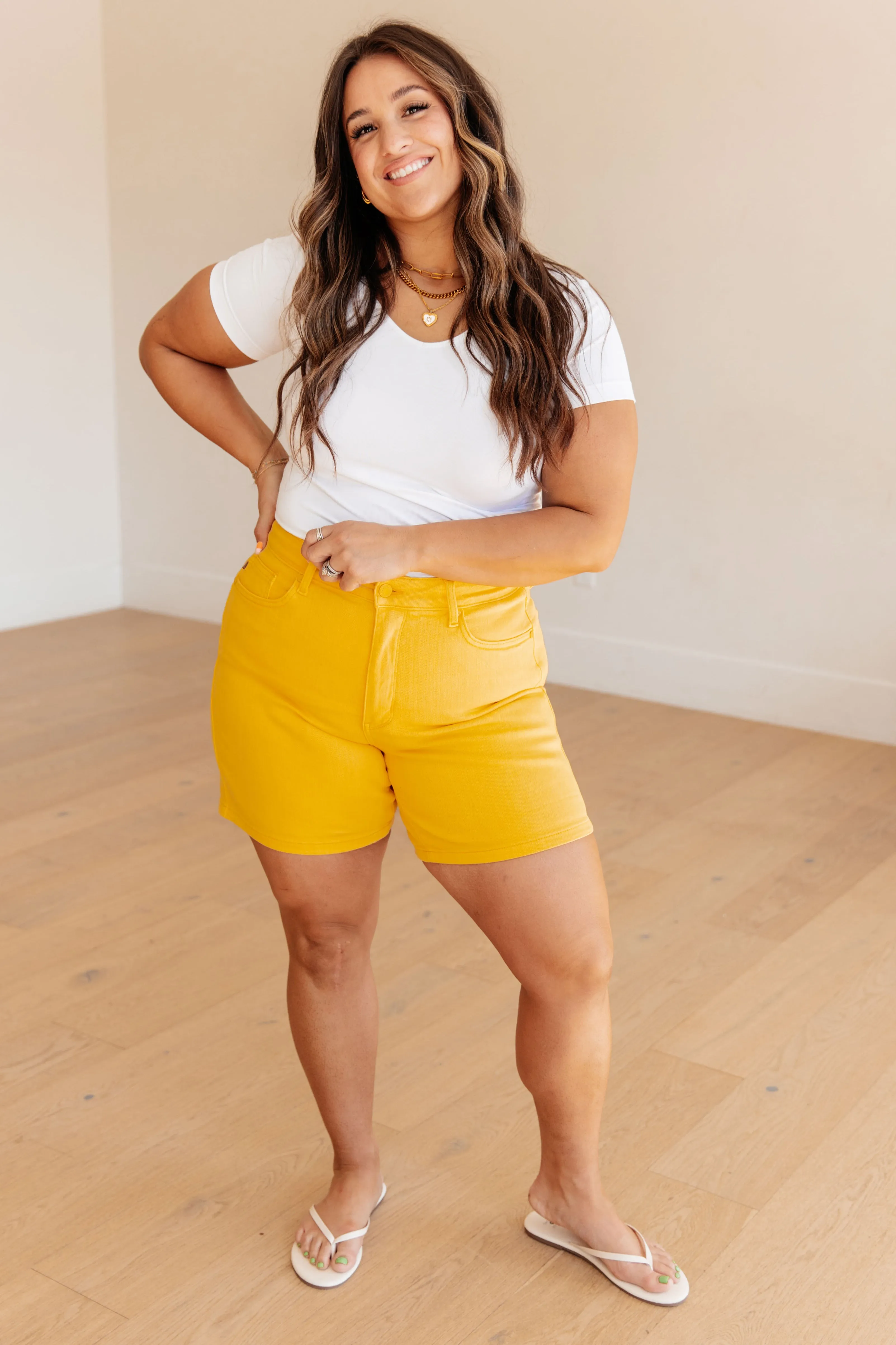 High Rise Control Top Cuffed Yellow Shorts