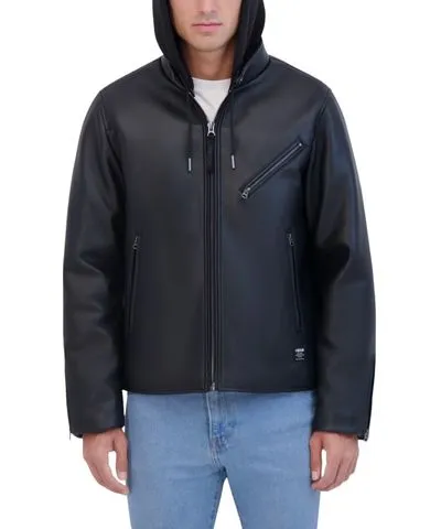 Hudson Jeans Men's Vegan Leather Racer Jacket With Detachable Jersey Hood