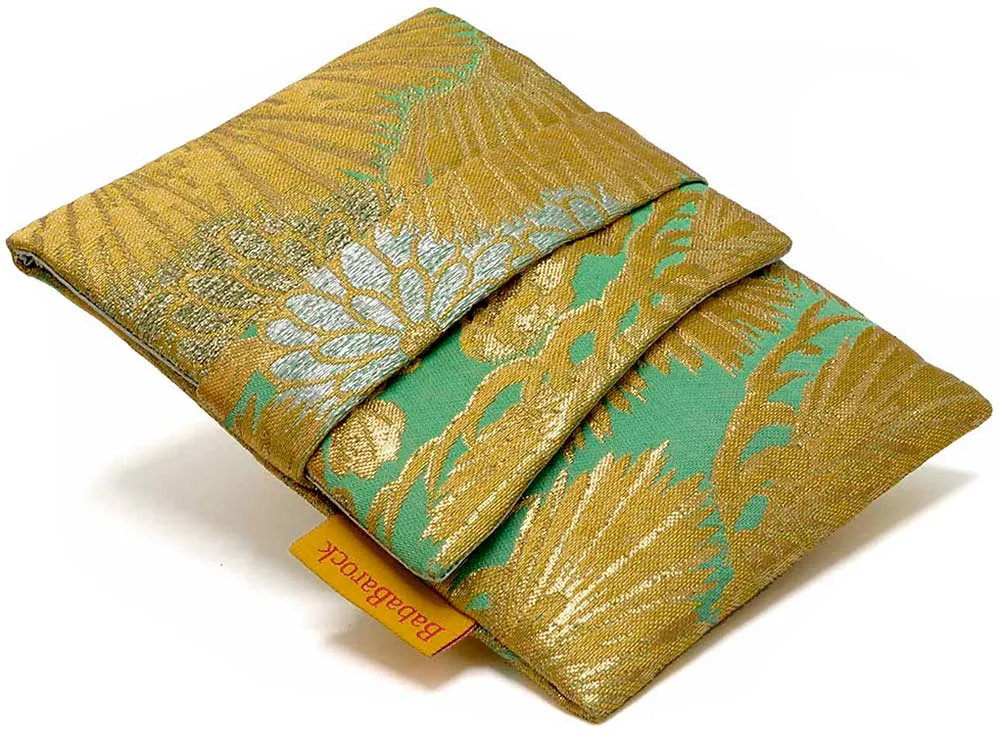 Japanese Vintage Silk Pouch with Golden Pine Leaves