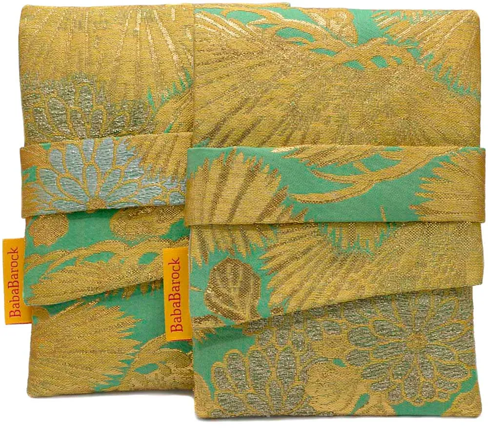 Japanese Vintage Silk Pouch with Golden Pine Leaves