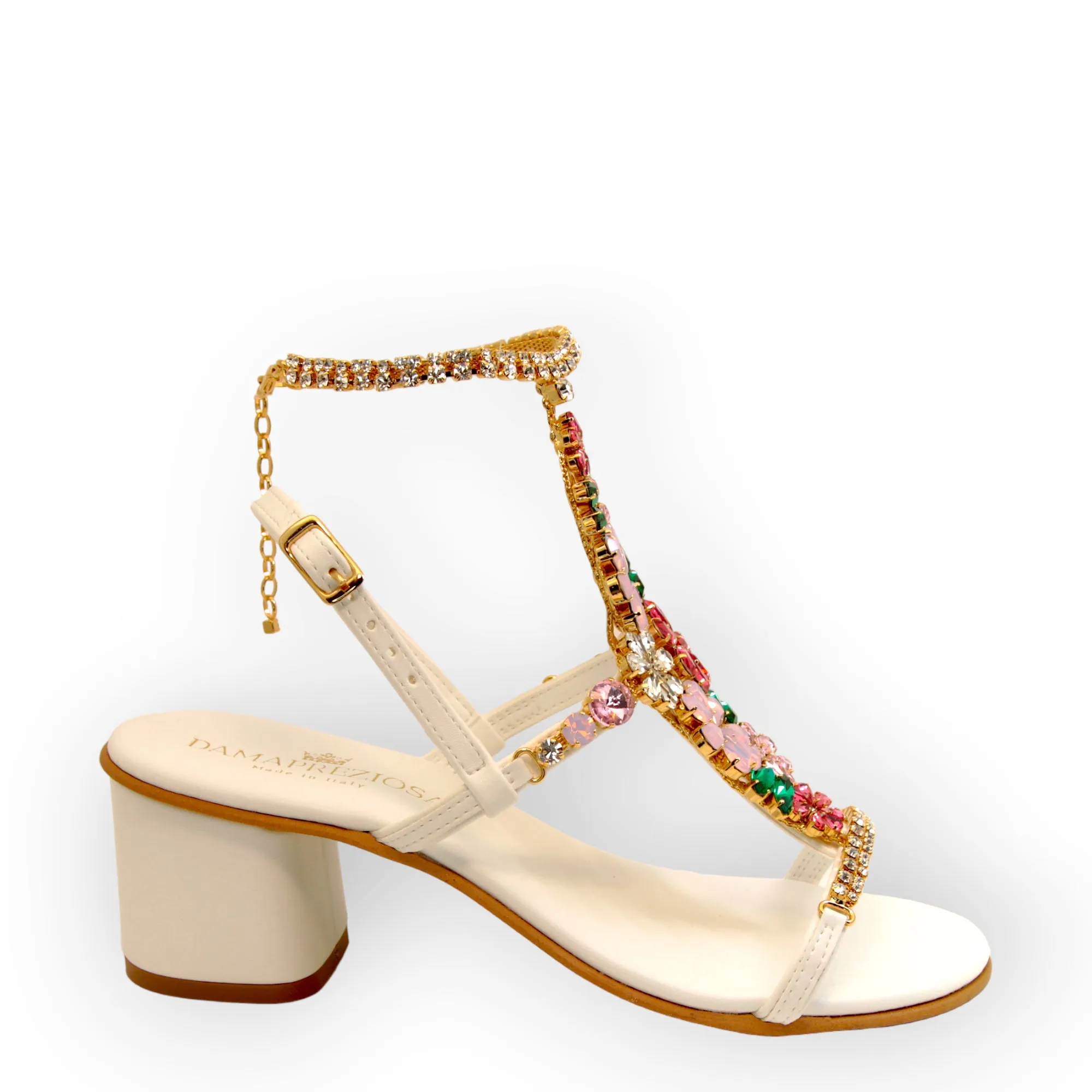 Jewel Sandals With Crystal Flowers Block Heel Bouquet