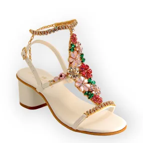 Jewel Sandals With Crystal Flowers Block Heel Bouquet